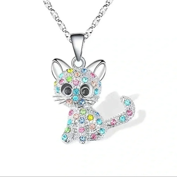 Colorful Rhinestone Silver Cat Pendant Necklace - Picture 3 of 3